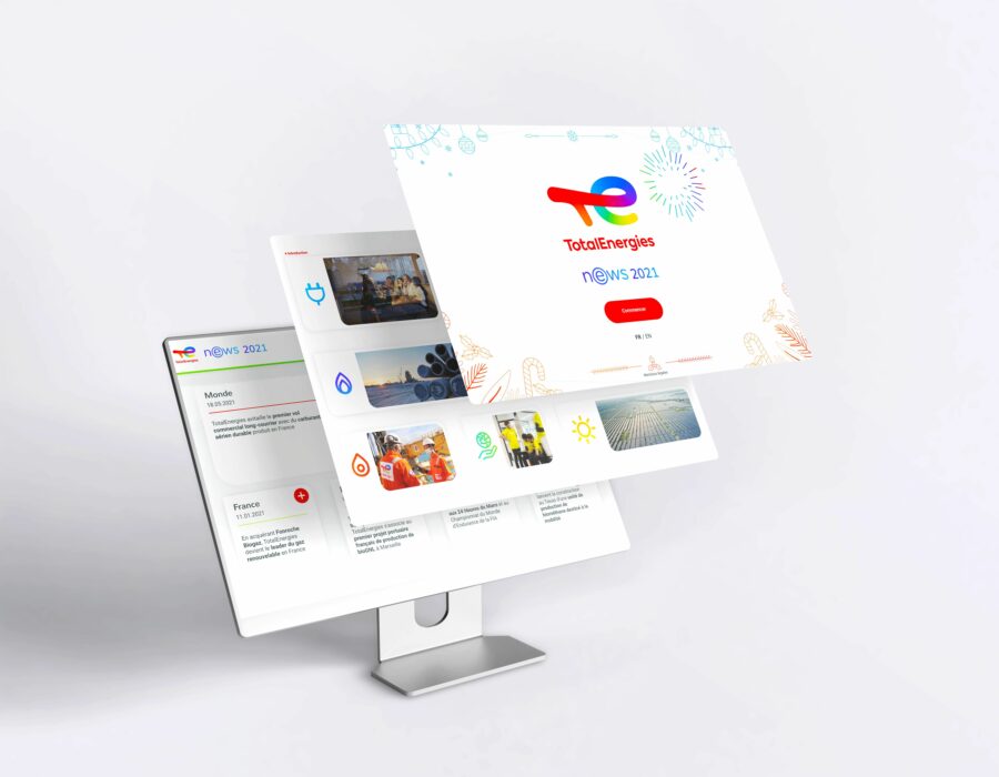Plusieurs visuels de publications interactive sur desktop des faits marquant de TotalEnergies en 2021 - support digital